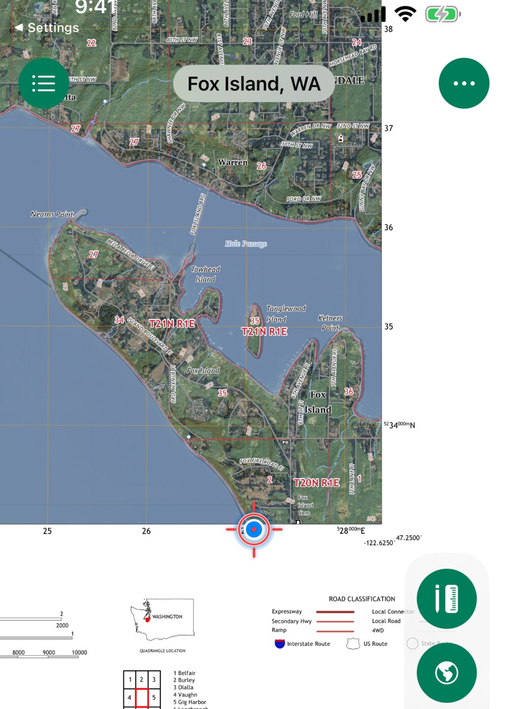 Neatline showing your live location on a USGS topo map of Fox Island, WA