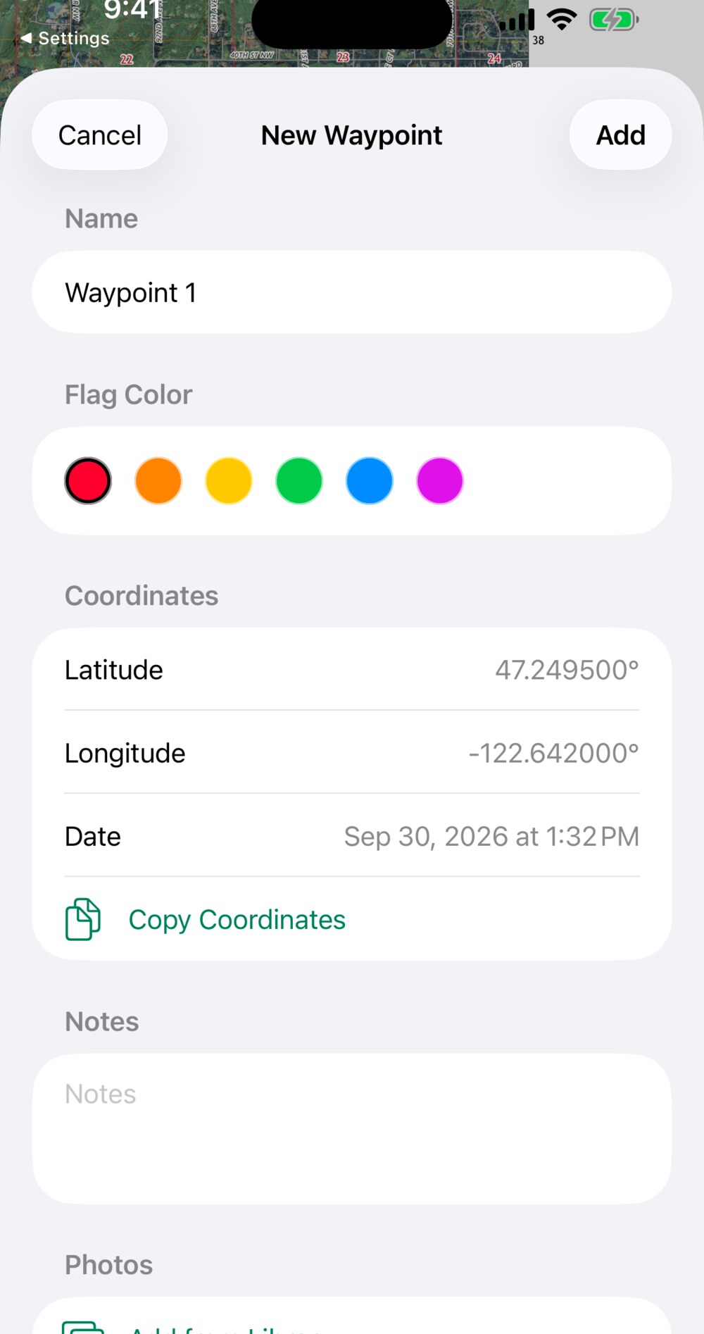 New waypoint editor with flag color, coordinates, notes and photos